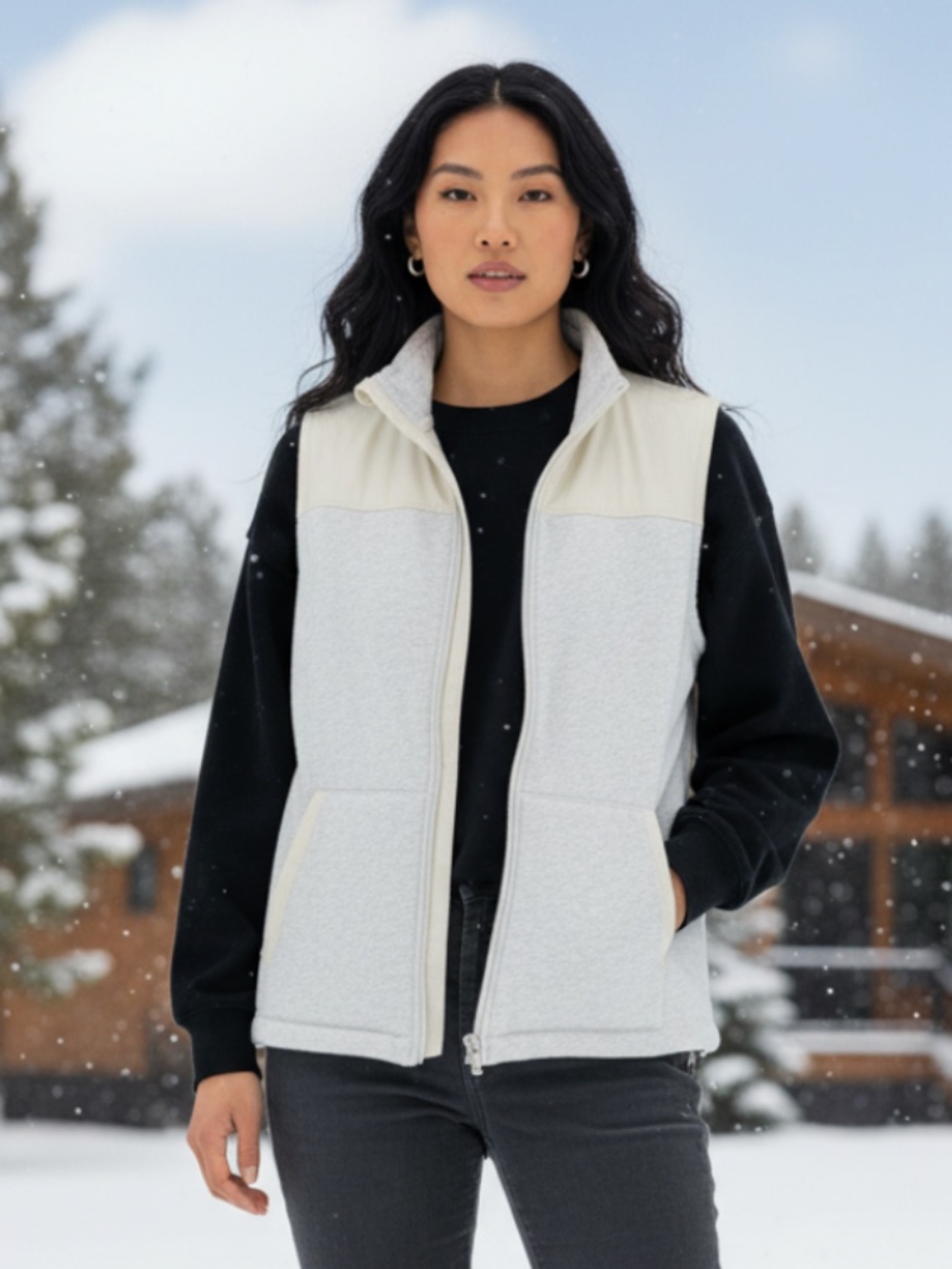 Talbots Vest Jacket Sz 2X 18 20 XXL Gray Cream Outdoors Winter Full Zip Pockets
